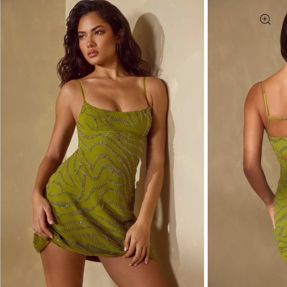 Oh Polly - NEW Embellished A-Line Mini Dress in Olive - Size 0